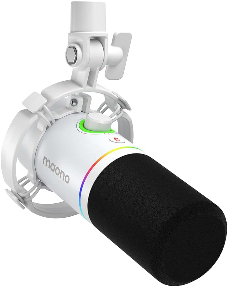 MAONO XLR/USB Dynamic Microphone, RGB Gaming Mic with Software, Mute, Gain Knob, Volume Control and Headphone Jack for Streaming, Podcasting, Recording-PD200X (White)