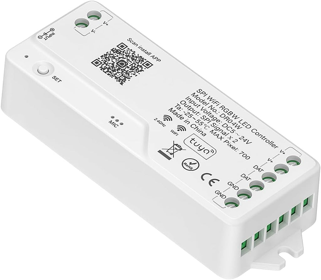 BTF-LIGHTING 2.4G WiFi DR04W SPI RGBW Controller Tuya APP/Smart Life/Google Home/Alexa Control Support SK6812RGBW SMD/FCOB WS2814 IC etc Addressable RGB+W LED Strip STA Mode
