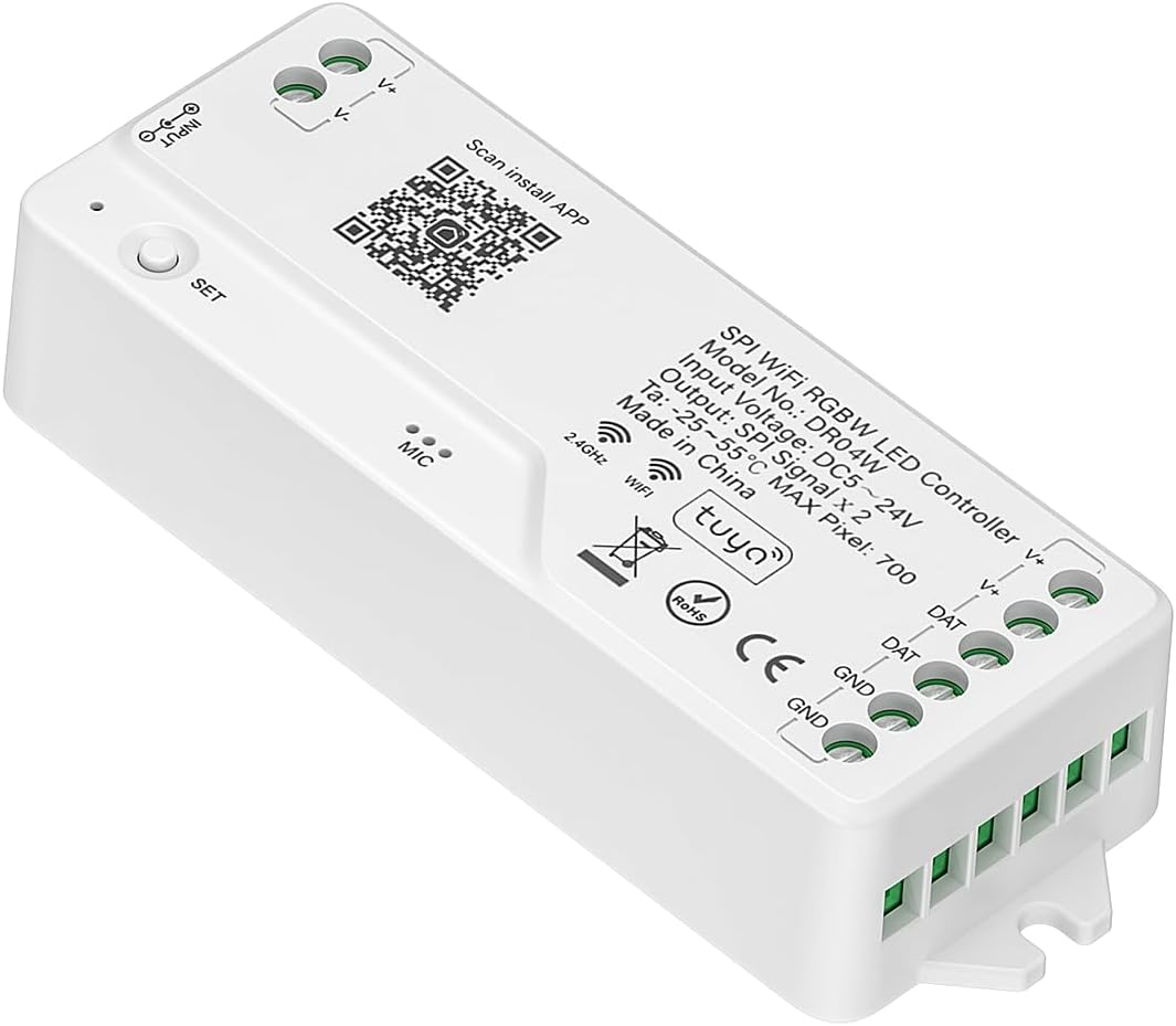 BTF-LIGHTING 2.4G WiFi DR04W SPI RGBW Controller Tuya APP/Smart Life/Google Home/Alexa Control Support SK6812RGBW SMD/FCOB WS2814 IC etc Addressable RGB+W LED Strip STA Mode