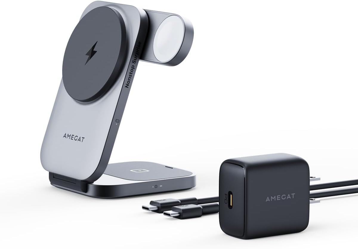 3 in 1 Charging Station, MagFusion Z Foldable Qi2 Certified 15W Wireless Charger Stand Compatible with MagSafe for iPhone 16/15/14/13/12, Apple Watch, AirPods (30W PD Charger Included)