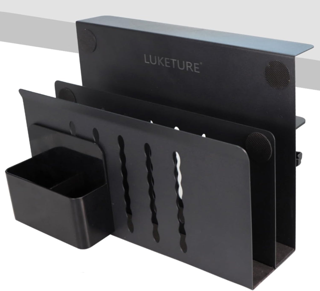 LUKETURE Laptop Holder, Steel Desk Side Storage, No Drill Standing Desk Accessories, Clamp on Laptop Mount with Pen Holder, Fits Flat Edge Tables 0.3" to 2.8" (Black, L(2 Tier))