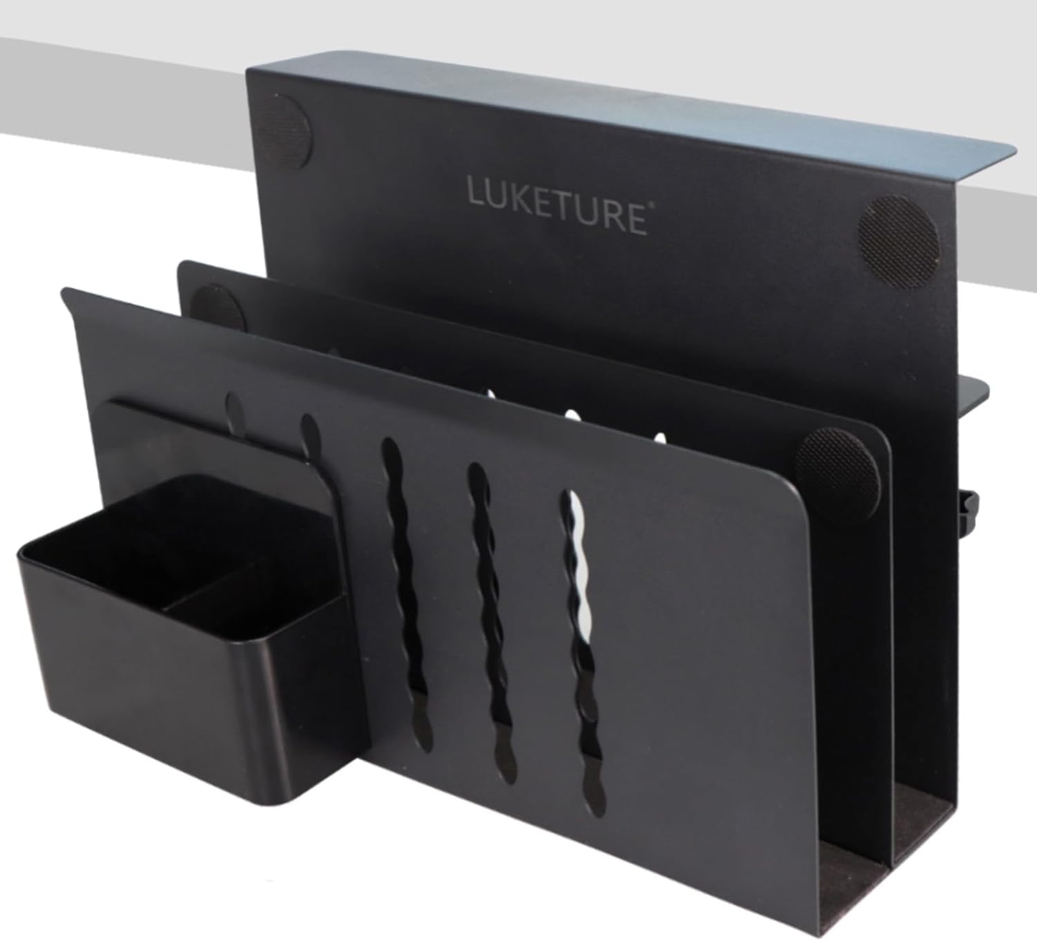 LUKETURE Laptop Holder, Steel Desk Side Storage, No Drill Standing Desk Accessories, Clamp on Laptop Mount with Pen Holder, Fits Flat Edge Tables 0.3" to 2.8" (Black, L(2 Tier))