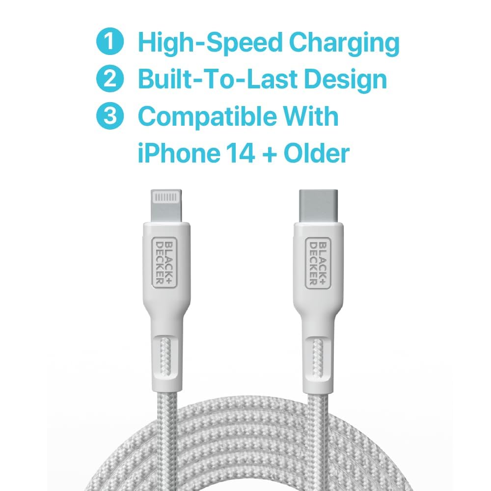 BLACK+DECKER USB C to Lightning Cable - Fast Compatible iPhone Lightning Cable - Durable Braided Type C iPhone Charger Cord - for Travel and Daily Use - Multiple Colors and Lengths - 6ft