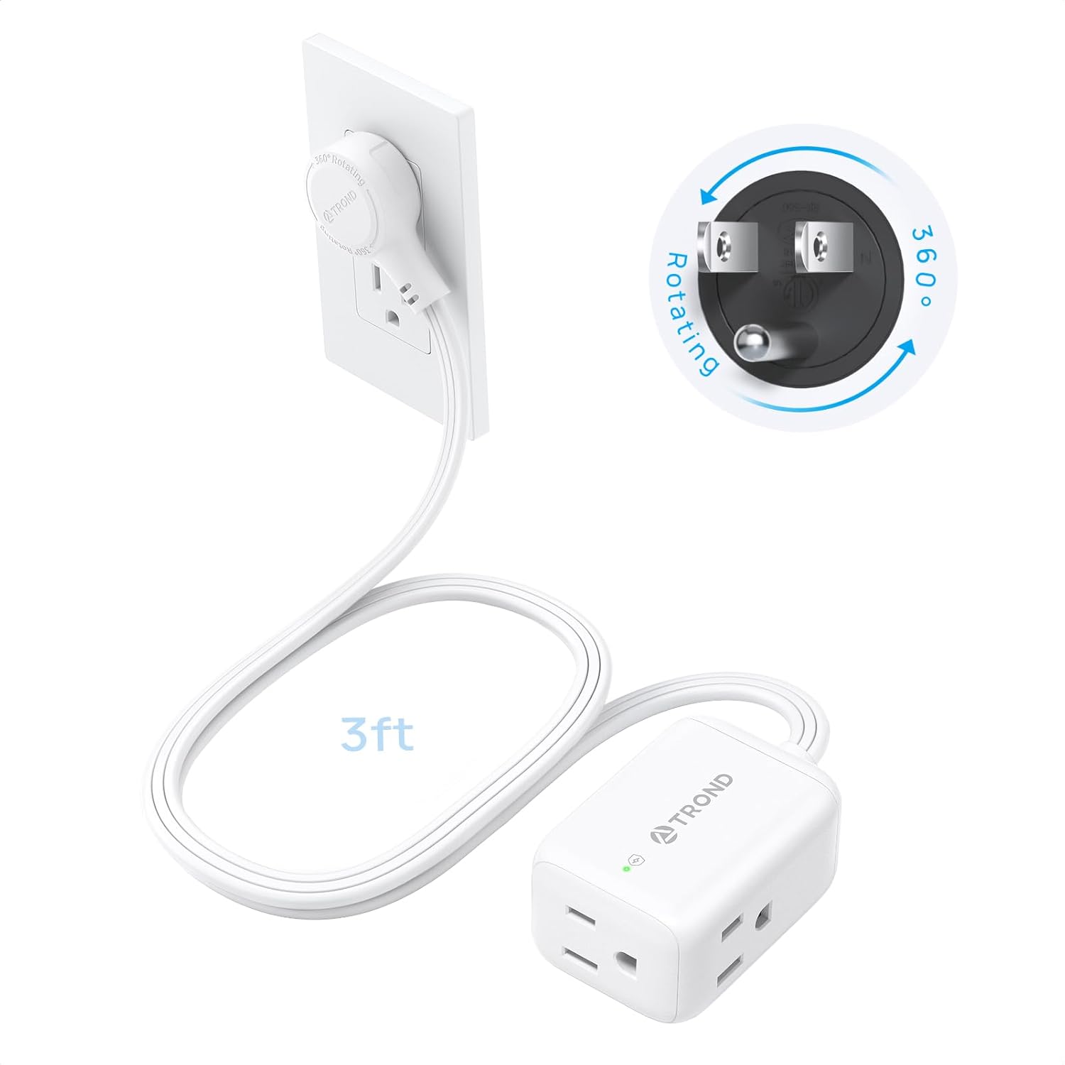 TROND 360° Rotating Flat Plug Extension Cord Surge Protector 3ft, Small Power Strip with 900 Joules, Three Side Grounded Outlets, 13A, 16 Gauge Wire, for Indoor Home Office Dorm Room Travel, White