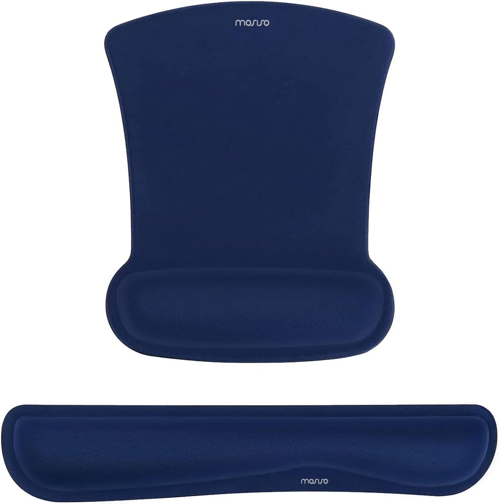 MOSISO Wrist Rest Support for Mouse Pad & Keyboard Set, Ergonomic Mousepad Non-Slip Base Home/Office Pain Relief & Easy Typing Cushion with Neoprene Cloth & Raised Memory Foam, Navy Blue