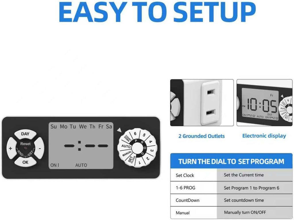 TiFFCOFiO New Digital Timer Outlet, Dial Programmable Method, Indoor Plug in Light Timer, 2 Polarized Electrical Outlets for Lamps, 6 Sets of Programs, 15A/1875W