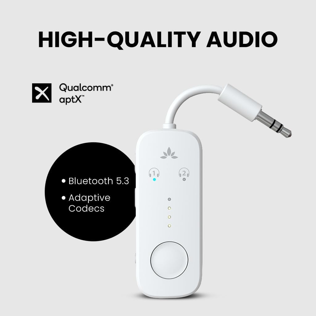 Avantree Relay - Premium Airplane Bluetooth Adapter with Advanced Qualcomm Chipset, 2 Headphones Support, 25hrs Play Time, aptX Adaptive & HD Audio Transmitter for Airpods, Bose & Travel Flight