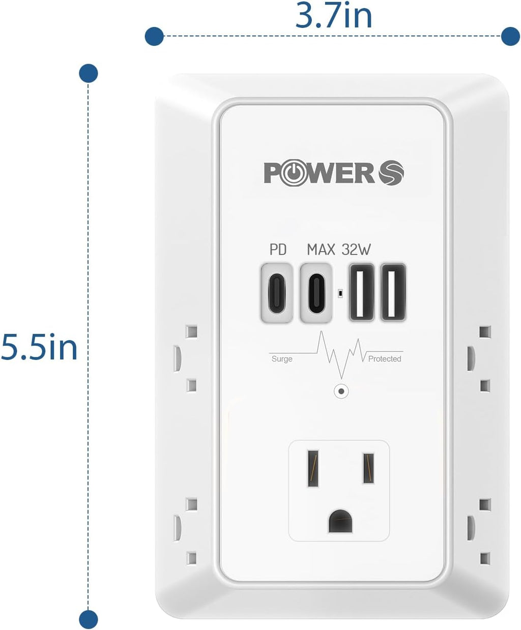 20W PD Fast Charging Wall Outlet with USB Ports (2C2A), Electrical Outlet Extender, Surge Protector, Wall Plug Adapter for Multiple Devices, Wall Socket Expander