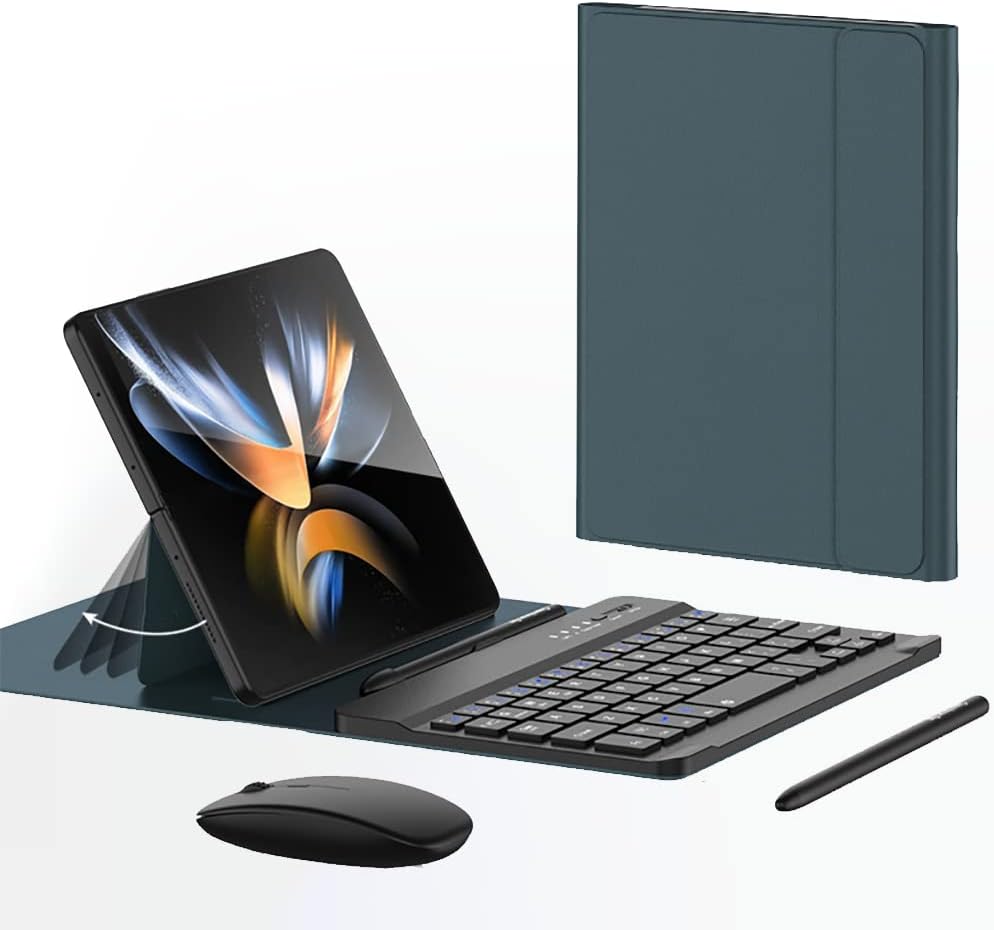 for Samsung Galaxy Z Fold 7 6 5 Keyboard and Mouse, Portable Mini 7.9 inch Bluetooth Keyboard with Leather Case and Capacitive Pen, 4 in 1 Set for Z Fold7 6 Accessories,Green