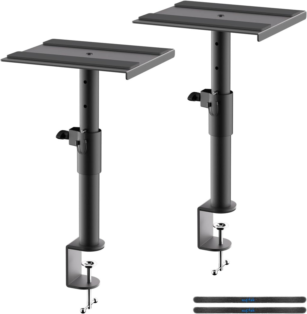 suptek Clamp-on Speaker Stand Desk Mount Set, Height Adjustment, Swivel, 9.6 x 8.8 inch Trays, Universal Audio Holders for Computer and Bookshelf Speakers, Elevated Sound, 2 Pack, Black, SDM001G