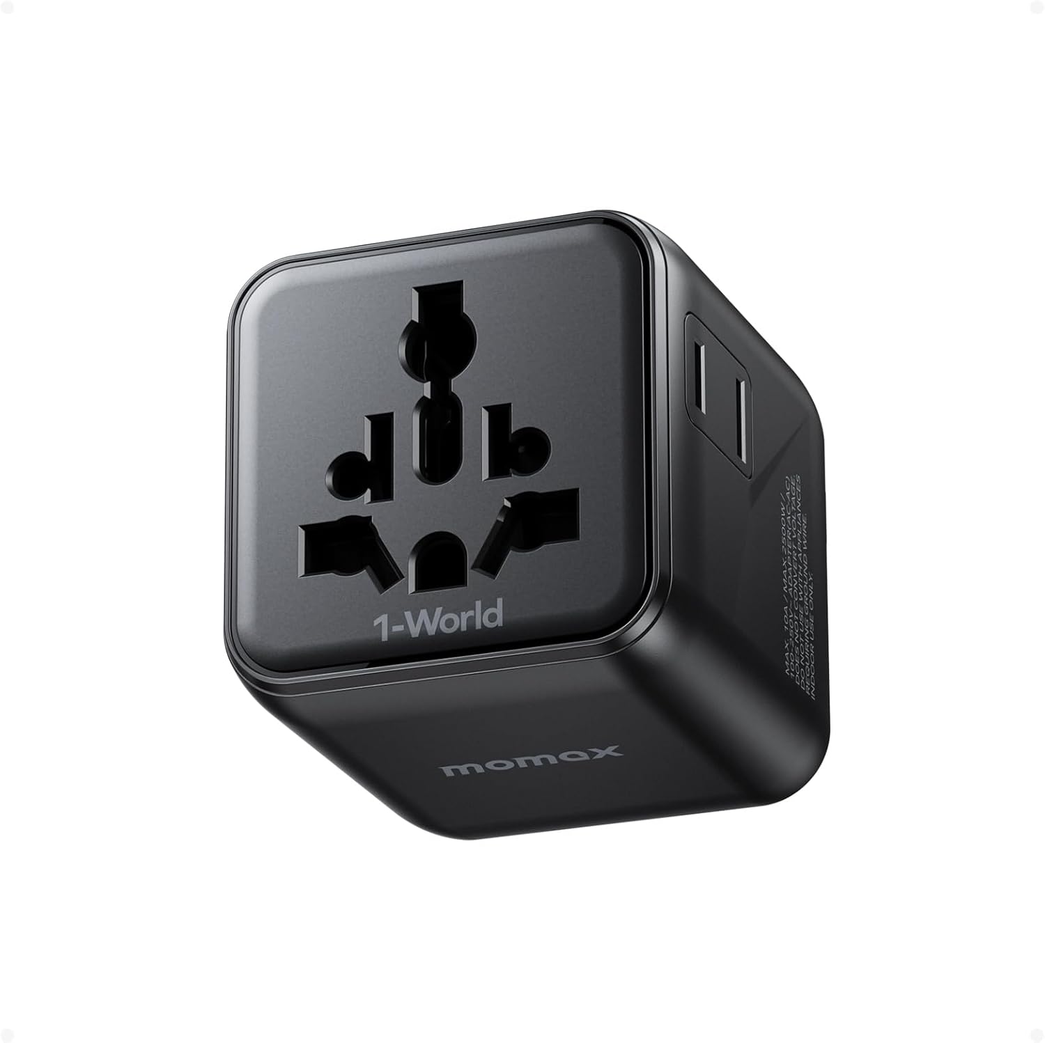 MOMAX Mini Universal Travel Adapter Worldwide, 2 AC, All European Travel Plug Adapter UK, Travel Essentials for US to Europe Adaptor, All-in-One Wall Charger for AUS JP (No USB Port)