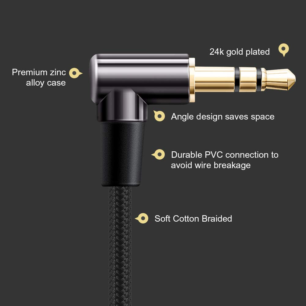 CableCreation 2-Pack 3.5mm Audio Cable 6FT/1.8m, 3.5mm Right Angle Auxiliary Stereo HiFi Cable with Silver-Plating Copper Core for Car Stereos, iPhones, Tablets, Laptops, 24K Gold Plated, Black