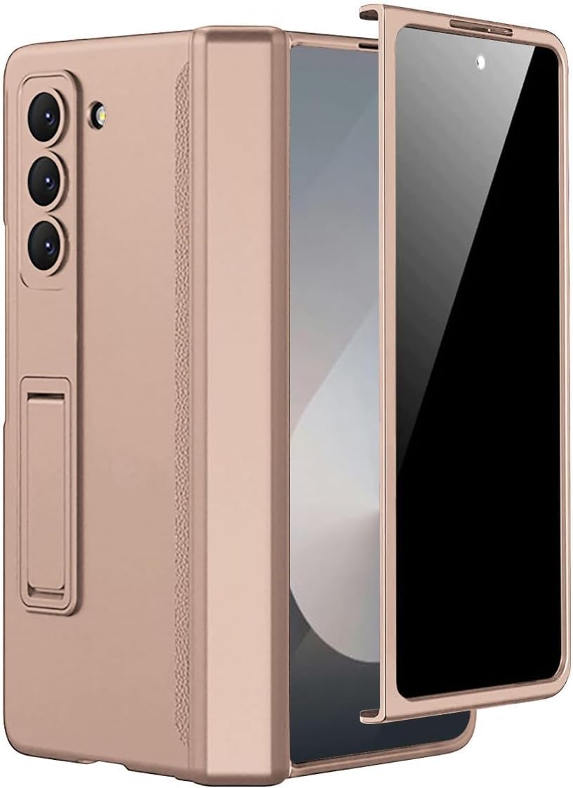 Miimall for Samsung Fold 6 Case with Privacy Screen Protector, Built-in Adjustable Kickstand & Magnetic Hinge & Camera Lens Protective All-Inclusive Phone Case for Galaxy Z Fold6 5G Champagne Gold