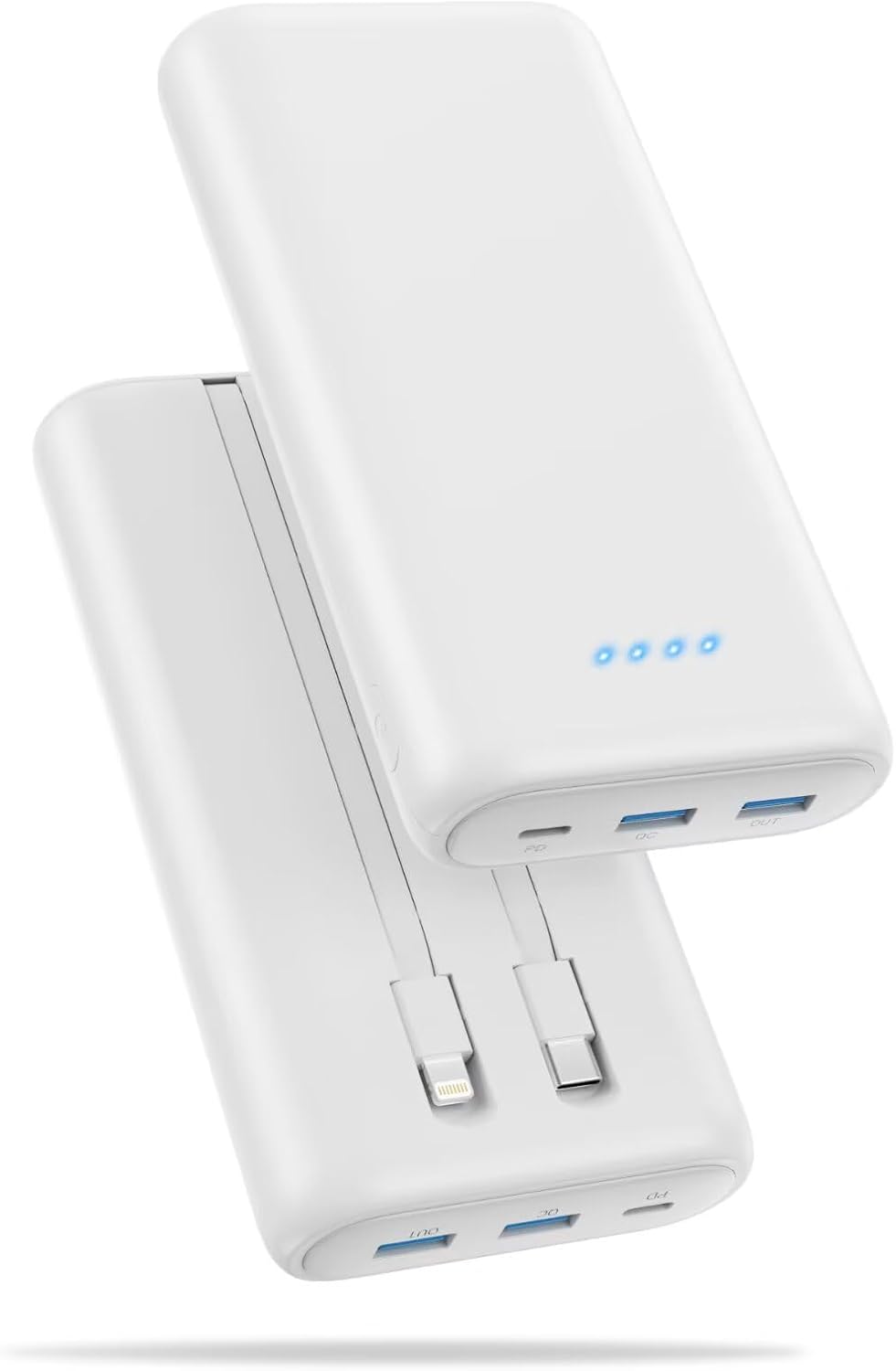 Upgraded Portable Charger 40800mAh Power Bank - Portable Battery with 2 Built in Cables,PD 25W USB C Fast Charging Battery Pack Compatible with iPhone 16 15 14 13 Android Phone etc-White