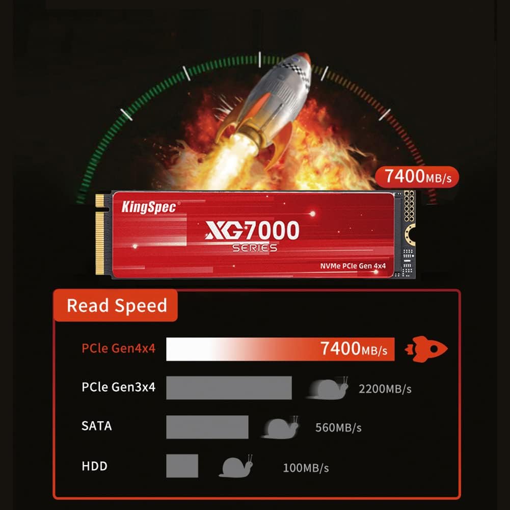 KingSpec XG7000 512GB NVMe SSD PCIe 4.0-7400MB/s Read Speed, 3D TLC NAND M.2 2280 Internal SSD, Compatible with Gaming PC, Laptop, PS5 Console