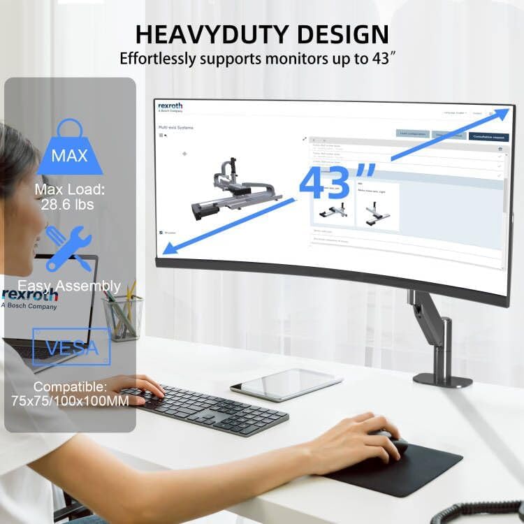 Suptek Ultrawide Single Monitor Arm Mount for 17 to 43 Inch Heavy Duty Curved Screen,Holds 28.6 lbs,Adjustable Gas Spring Monitor Arm Desk Mount Stand,75/100 Vesa Mount,Black(MD71M)