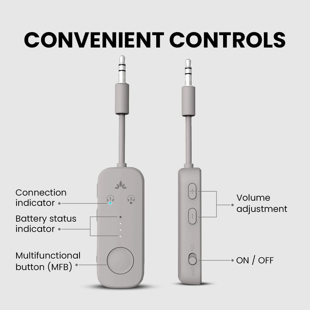 Avantree Relay - Premium Airplane Bluetooth Adapter with Advanced Qualcomm Chipset, 2 Headphones Support, 25hrs Play Time, aptX Adaptive & HD Audio Transmitter for Airpods, Bose & Travel Flight
