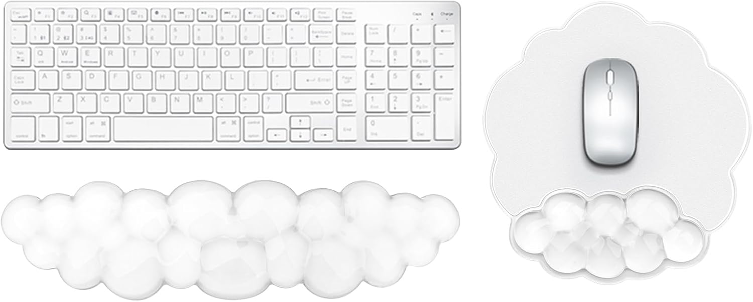Gel Cloud Keyboard and Mouse Wrist Rest, Cute Wrist Support and Arm Support Rest for Typing Pain Relief，Suitable for Office/Computer/Laptop/Gaming Set-White
