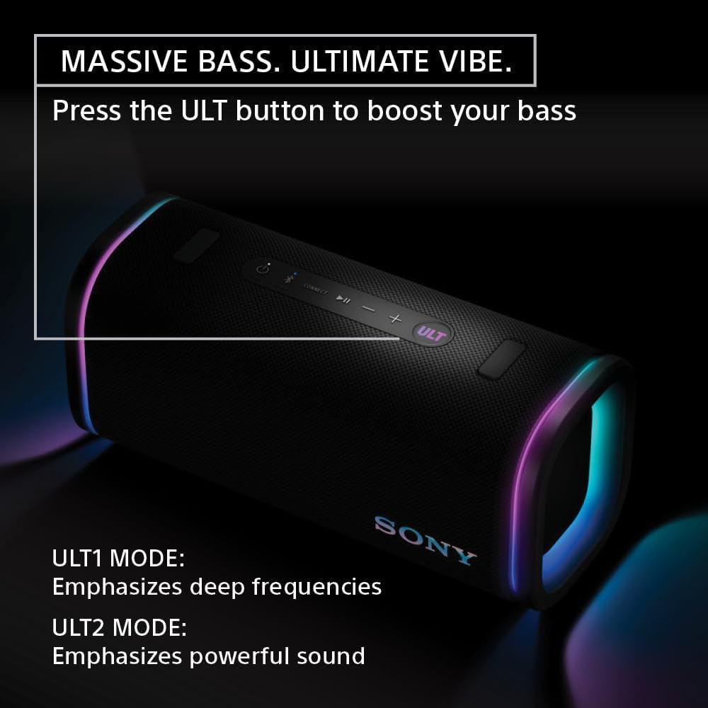 Sony ULT Field 5 Wireless Portable Bluetooth Speaker, IP67 Waterproof, Dustproof, and Rustproof with Enhanced Bass, 25 Hour Battery, 360° Party Light, and Shoulder Strap (SRSULT50B), Black