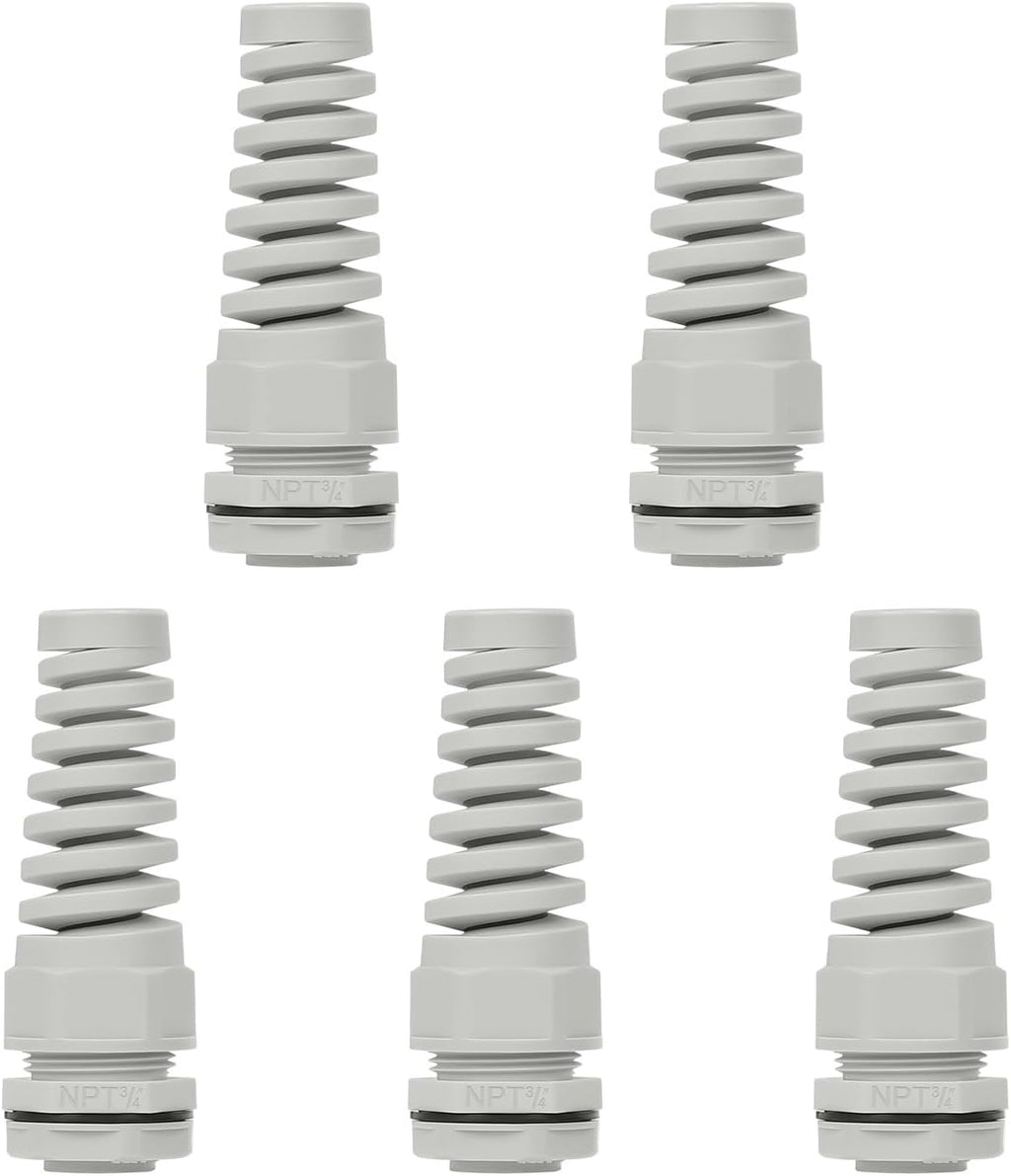 LeMotech 5Pcs NPT 3/4" IP68 Waterproof Cable Gland Flex Spiral Strain Relief Grey Nylon Joint with Gaskets for 13-18mm Wire Thread