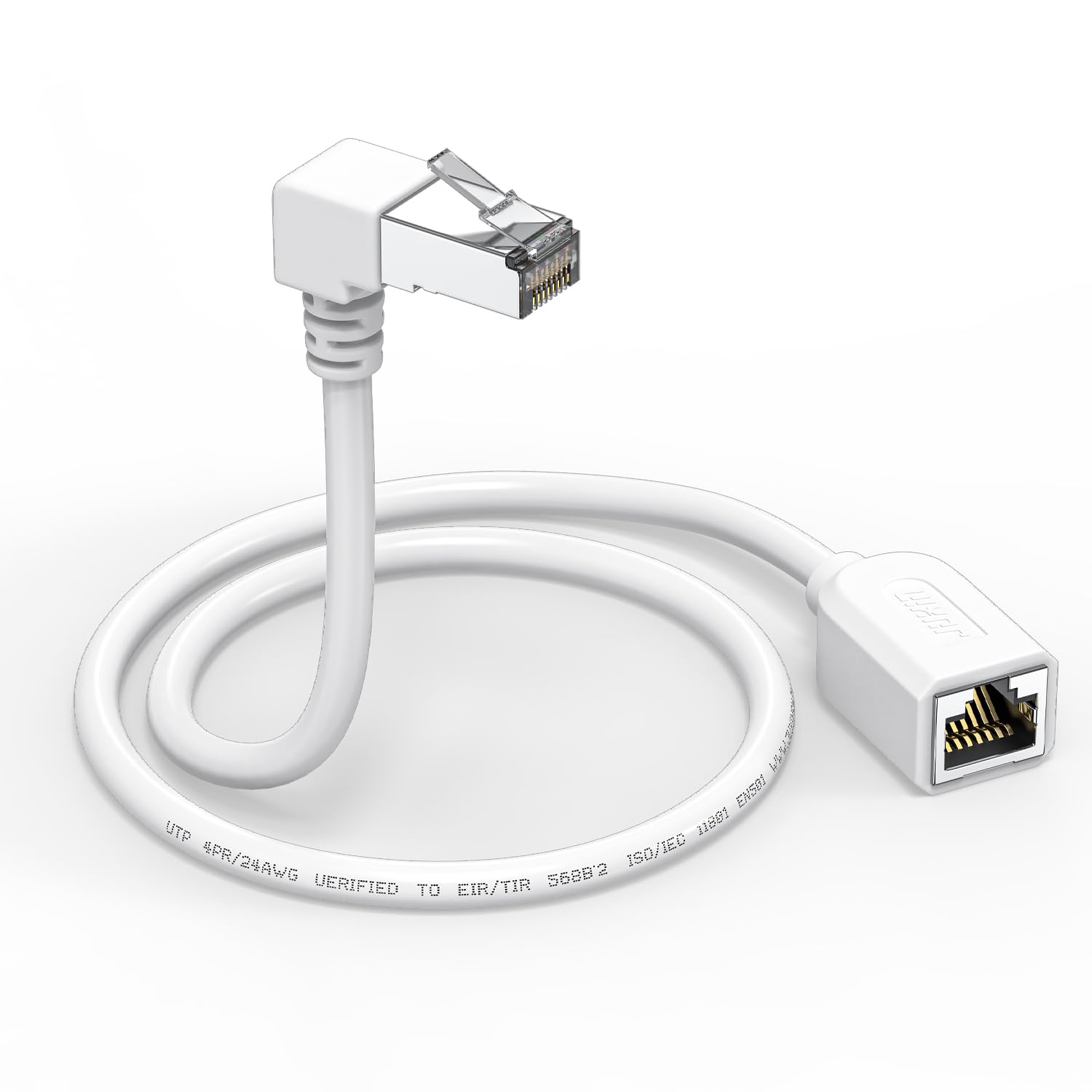 Right Angle Ethernet Extension Cable Down Angle1.5ft-White, 90 Degree CAT6 Ethernet Patch Cable RJ45 LAN Cable Extender Male to Female Connector for Router Modem Smart TV PC Computer Laptop
