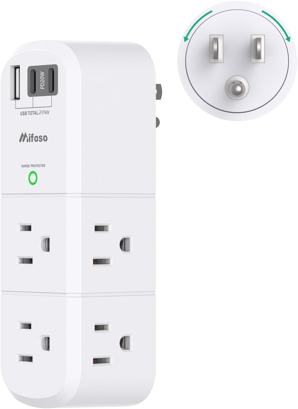 PD20W USB Outlet Extender Surge Protector - with Rotating Plug, 6 AC Multi Plug and 3 USB Ports (2 C), 3-Sided Swivel Power Strip Spaced Splitter for Home, Office, Travel