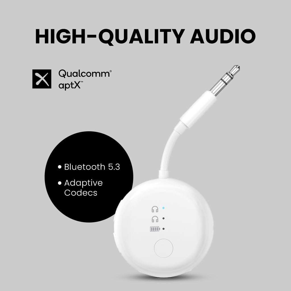 Avantree SoundJet – 25Hrs Airplane Bluetooth Adapter for All AirPods (Pro/Max) with Qualcomm Chipset & aptX Adaptive, Wireless Audio Transmitter for Flights Travel, Works with Bose & Other Headphones