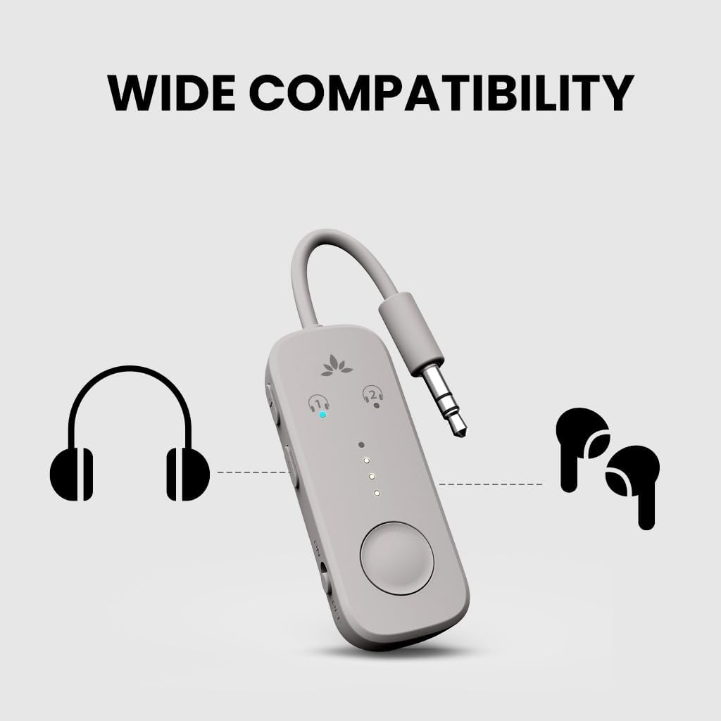 Avantree Relay - Premium Airplane Bluetooth Adapter with Advanced Qualcomm Chipset, 2 Headphones Support, 25hrs Play Time, aptX Adaptive & HD Audio Transmitter for Airpods, Bose & Travel Flight