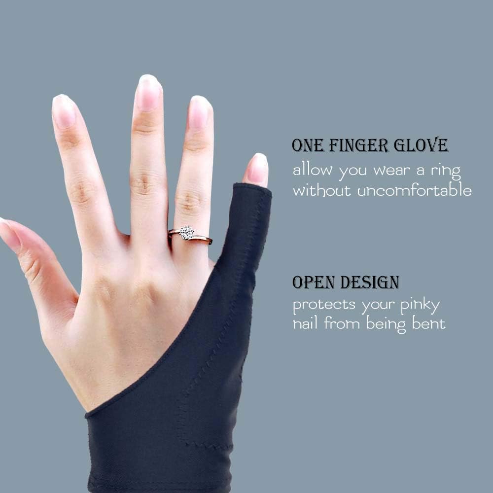 AKX Artist Drawing Glove Medium - 2 Pack Palm Rejection for iPad - Smudge Guard, 1 Finger, Fingerless, Good for Left and Right Hand, Black | AK-010