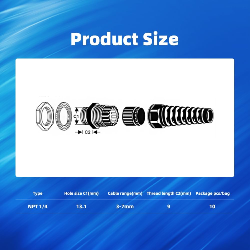 Strain Relief Cord Connector, CGELE 10 Pack NPT 1/4" Waterproof Cable Gland Cord Grip Spiral Adjustable Connector Strain Relief Cord Connectors Joints Nylon with Gaskets