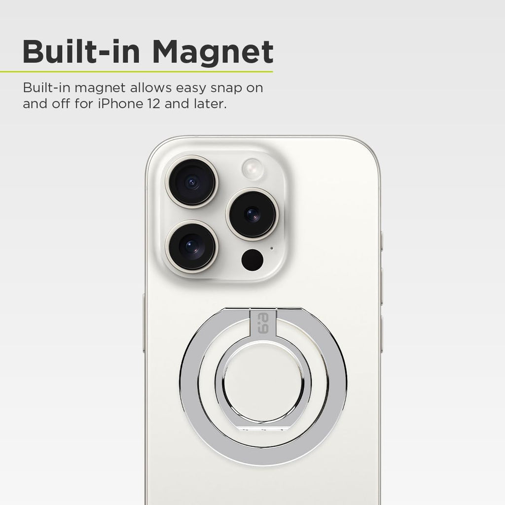 PureGear Magnetic Phone Grip Ring Stand, Magnetic Phone Ring Holder for MagSafe iPhone 16, 16Pro, 16Plus, 16ProMax, 15, 15Plus, 14, 14Pro, 14Pro Max, 13, 12, Adjustable Kickstand (Chrome Silver)