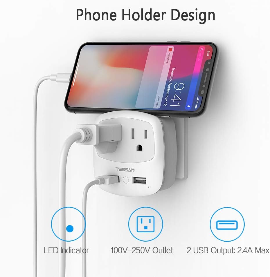 UK Ireland Travel Plug Adapter, TESSAN Type G Power Adaptor with 2 USB Charger Ports 2 American Outlets, US to Scotland London England British Irish Kenya Dubai Qatar
