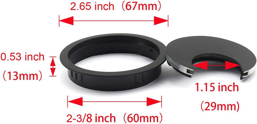 HJ Garden 1pc 2-3/8 inch (60mm) Metal Desk Grommets with Brush Open for Managing and Hiding Wire Cord Cable Hole Cover Office PC Desk Cable Cord Organizer Zinc Alloy Cover Black
