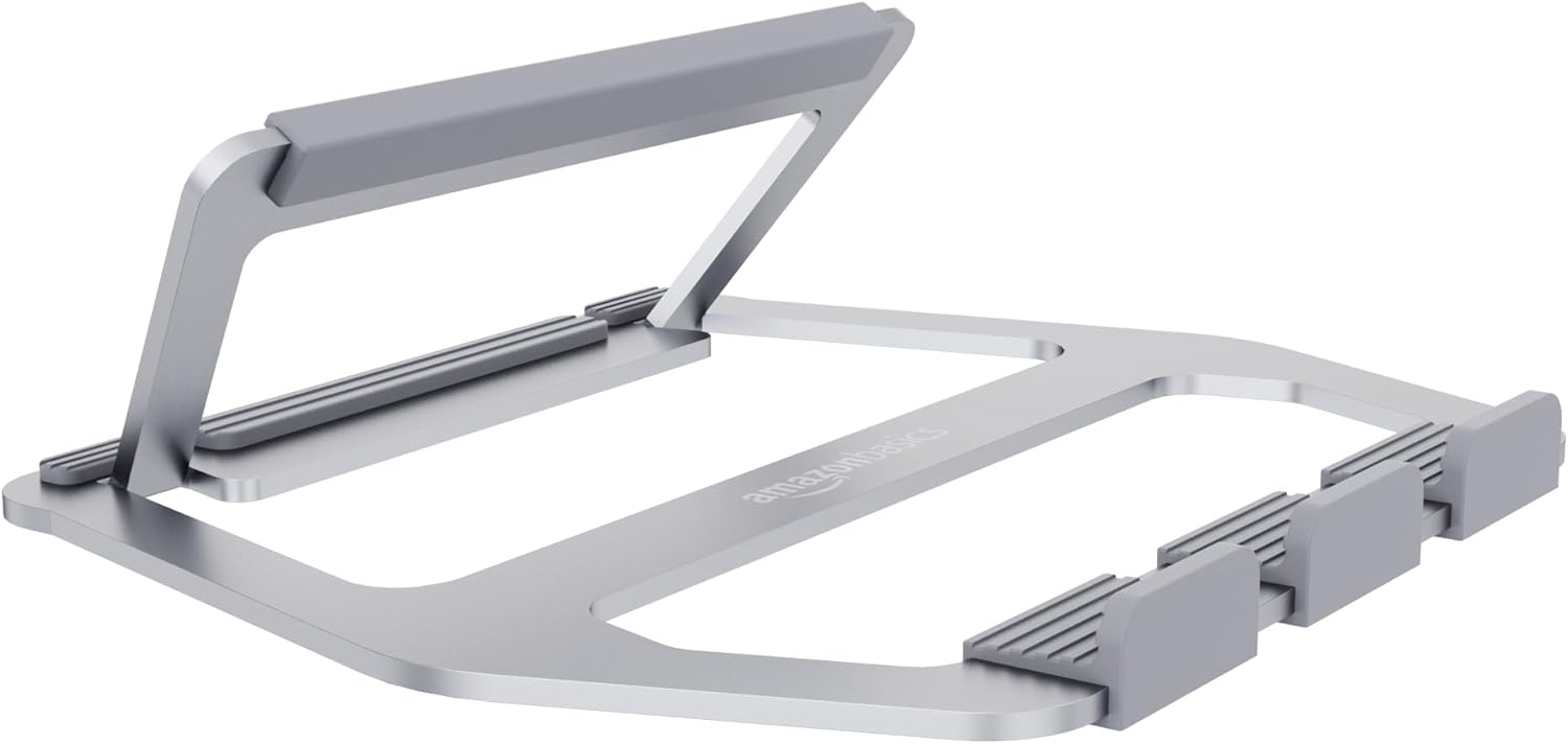 Amazon Basics Aluminum Portable Foldable Height Adjustable Support Stand for Laptops up to 13", Silver