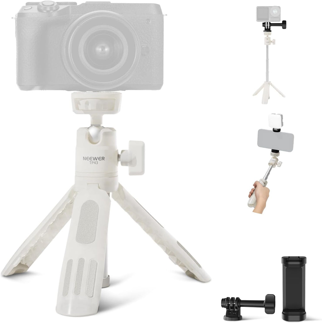 NEEWER Basics Mini Desk Selfie Stick Tripod Compatible with iPhone GoPro Insta360 DJI, Portable Small Camera Webcam Android Cell Phone Holder Ball Head Elevated Axis Video Recording Stand, TP43 White