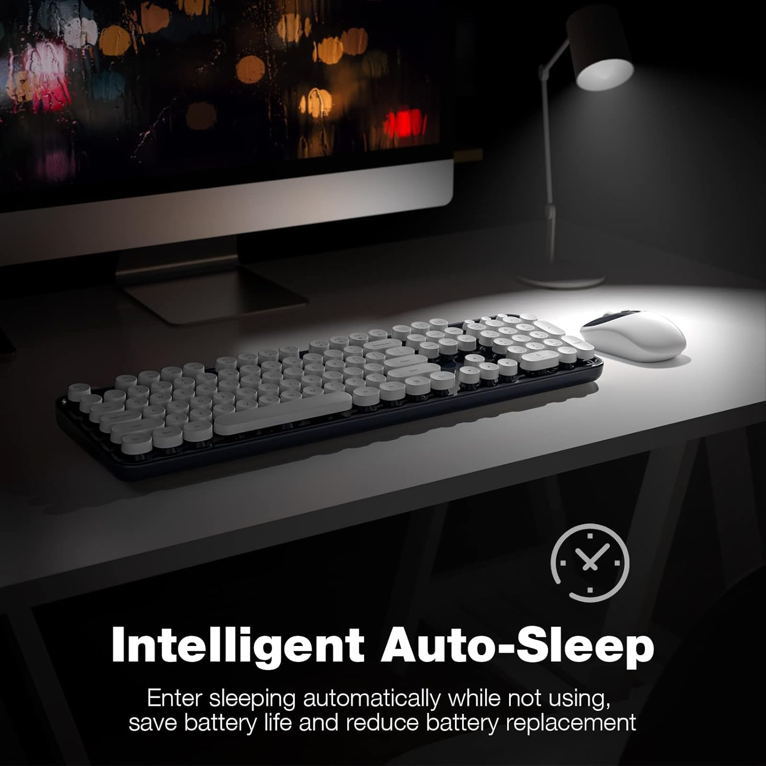 KNOWSQT Wireless Keyboard and Mouse Combo - White-DarkBlue Full-Sized 2.4 GHz 104 Keys Typewriter Keyboard, Flexible Round Keycap and Optical Mouse for Windows, Computer, PC, Laptop, Desktop