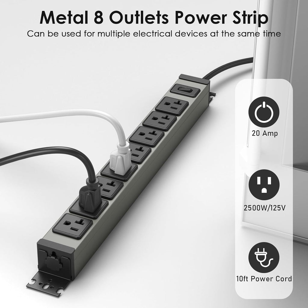 JUNNUJ Heavy Duty Power Strip Wall Mount, 20 Amp Surge Protector 1200J Metal 8 Outlet Under Desk Mounted 20A, Garage Power Bar Table Socket Industrial Outlets 6-20R T-Slot, 10FT 12AWG Extension Cord