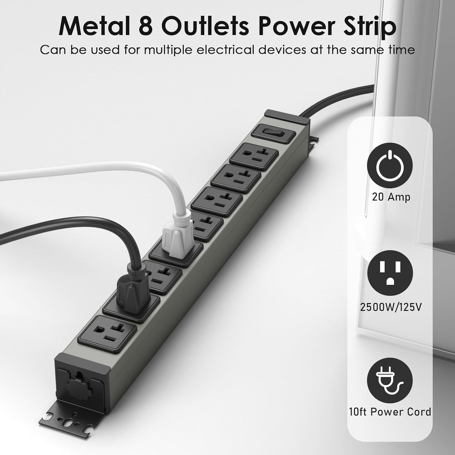 JUNNUJ Heavy Duty Power Strip Wall Mount, 20 Amp Surge Protector 1200J Metal 8 Outlet Under Desk Mounted 20A, Garage Power Bar Table Socket Industrial Outlets 6-20R T-Slot, 10FT 12AWG Extension Cord