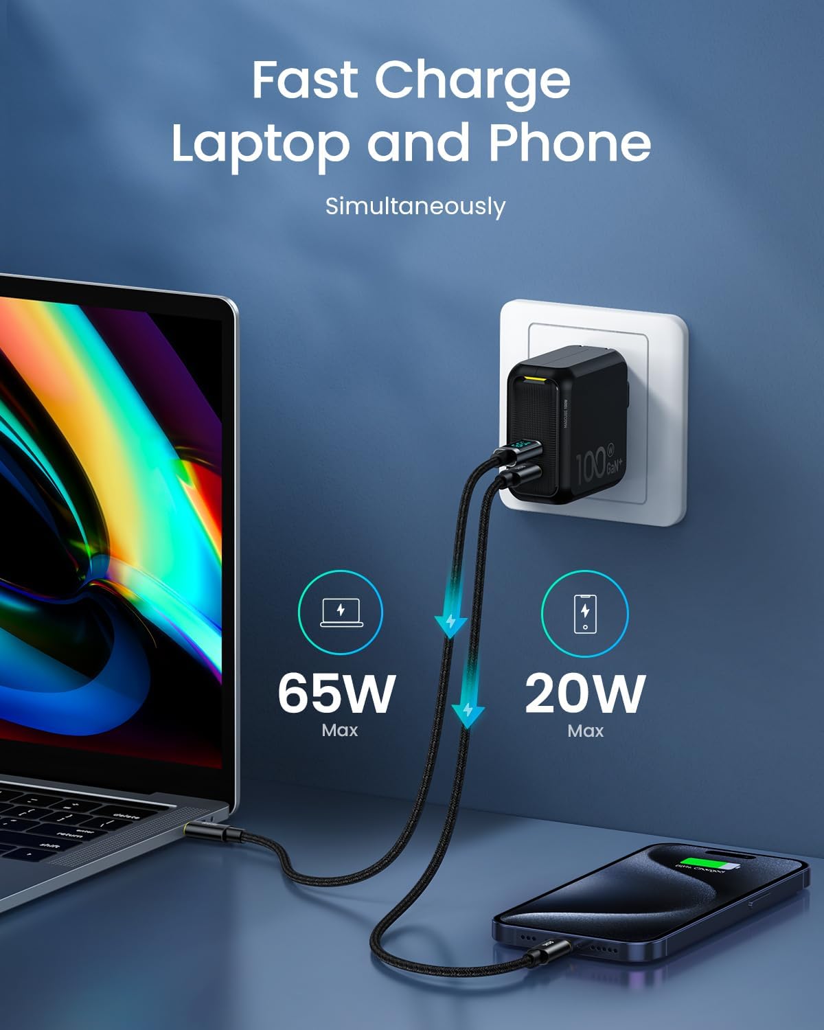 AOHI 100W USB C Charger GaN+, 2 Port Type C PD Wall Charger Foldable Power Adapter with 4ft USB C LED Display Cable for MacBook Pro/Air, iPad Pro, iPhone 15/14/13/12, Galaxy, Laptops, Black