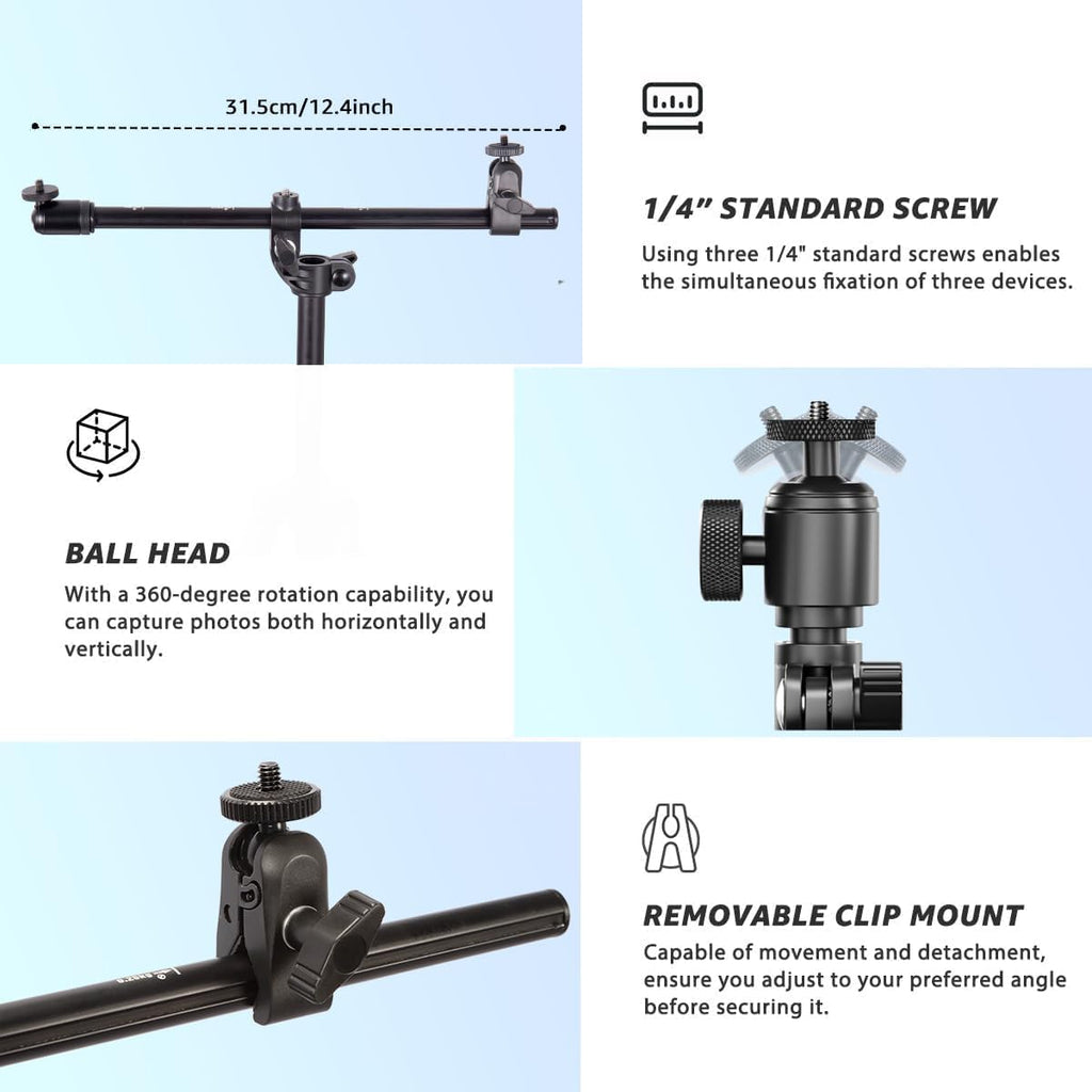 Phone Tripod, Arsoer 67" Adjustable Height Tripod with Horizontal Column and Removable Clip Mount for Overhead Shot, 360° Rotation Stand with Wireless Remote/Carry Bag for iPhone/Webcam