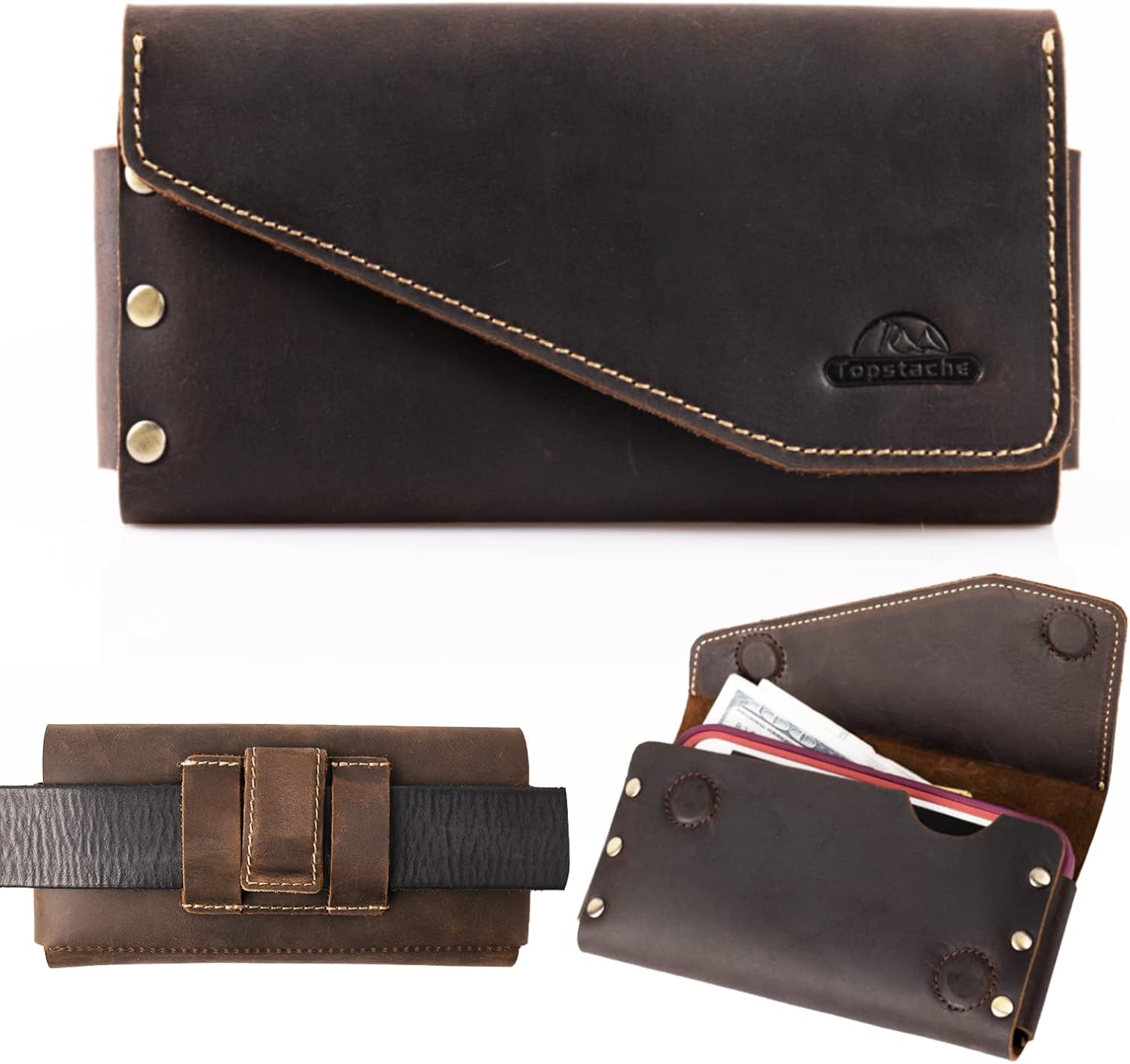Topstache Leather Phone Holster with Belt Clip for Galaxy S23,iPhone 14,14 Pro,Leather Belt Pouch for Universal Smartphone with Otterbox Case,Flip Cellphone Pouch,L,Darkbrown