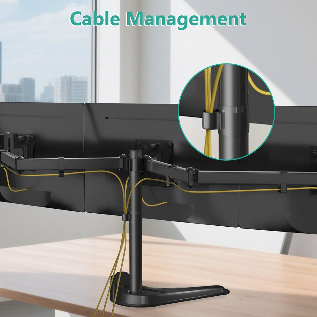 WALI Free Standing Triple Monitor Mount, Heavy Duty Triple Monitors Stand for 13-27 inch Screens, Adjustable 3 Monitor Arm Desk Mount with Swivel, Tilt, Rotation, Grommet Base (MF003N), Black