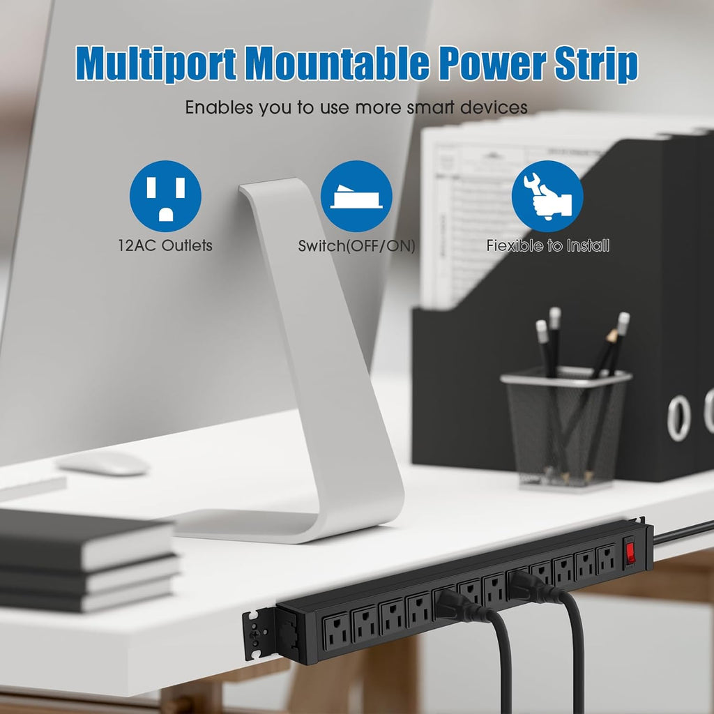 2Pack Rotating Mountable Power Strip, 12 Outlet Wall Mount Surge Protector, Metal Heavy Duty and Versatile Outlet Strip, Stylish Appearance, Sturdy and Durable, 10ft Power Cord.(Black)