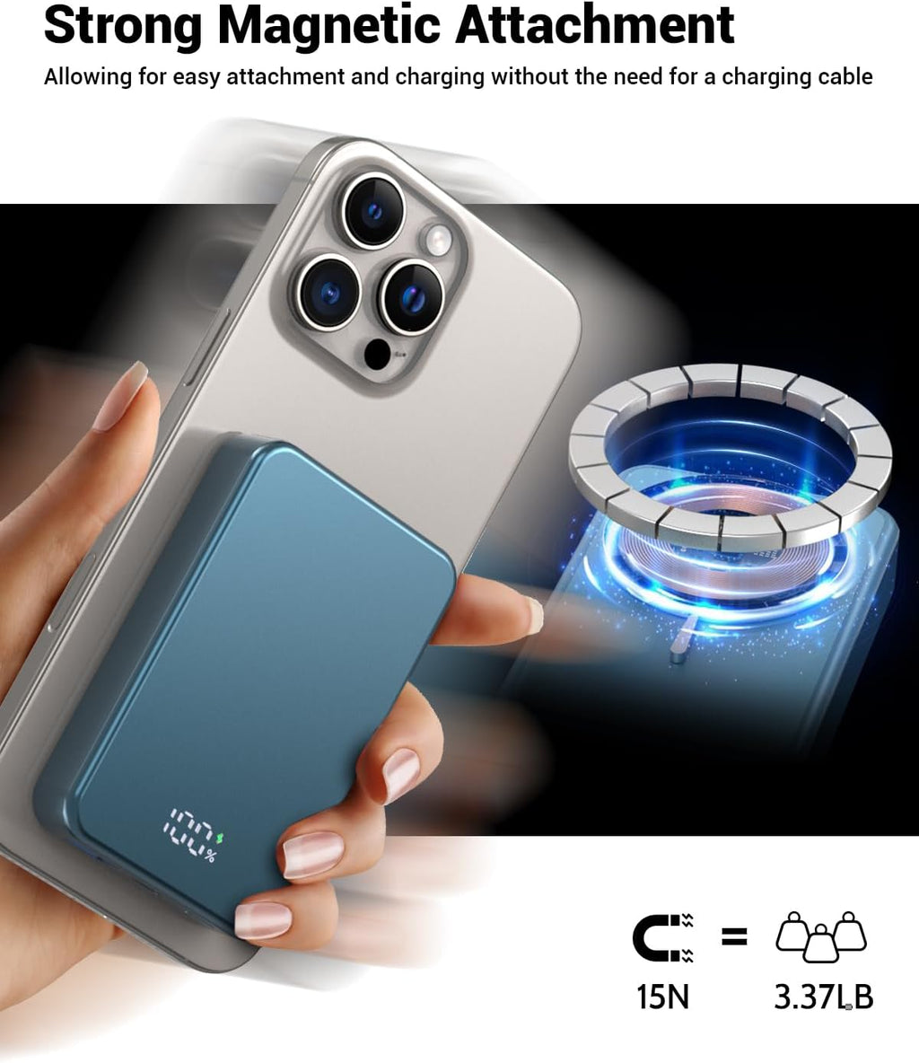 Magnetic Power Bank 26800mAh for Magsafe Portable Charger, Aluminum Alloy Large Capacity 20W USB-C in&Out Wireless Fast Charging for iPhone16 Plus Pro Max/15/14/13/12 Series, Blue