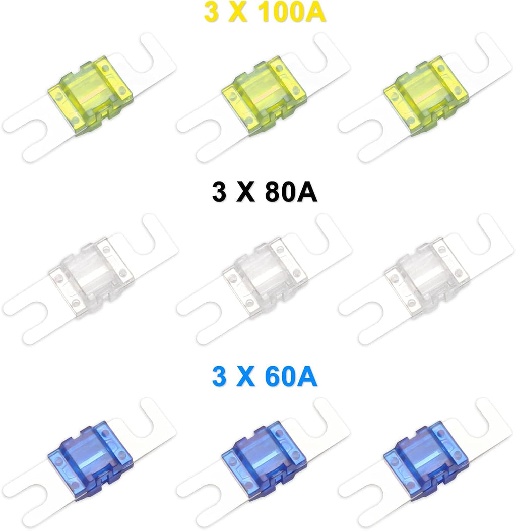 Recoil MFH13 3-Way Mini-ANL Fused Distribution Block, 3 X 0/2/4 Gauge in / 3 X 4/8 Gauge Out Fused Distribution Block with 60A, 80A, 100A Fuses, Solid Brass for Maximum Power Transfer