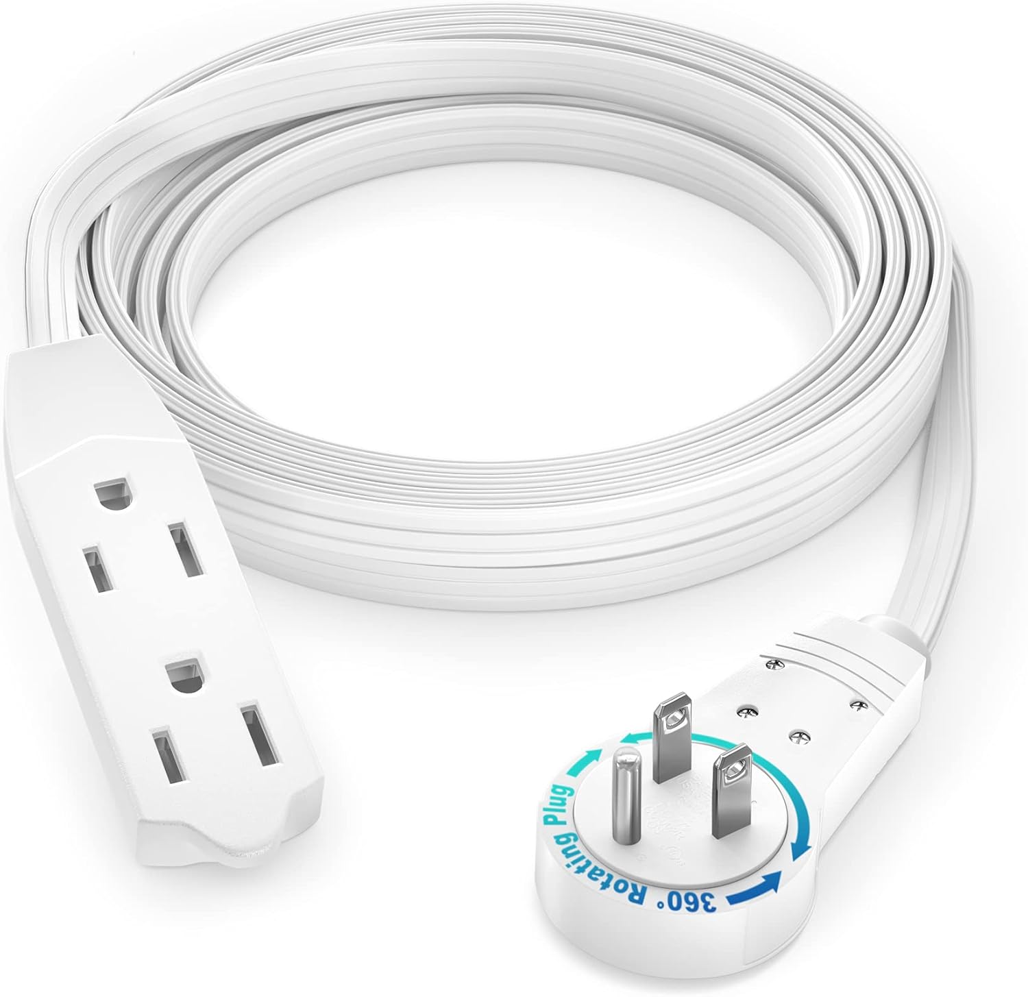 Maximm Cable 8 Ft 360° Rotating Flat Plug Extension Cord, 16/3 AWG Multi 3 Outlet 3-Prong Grounded Wire- White - UL Certified