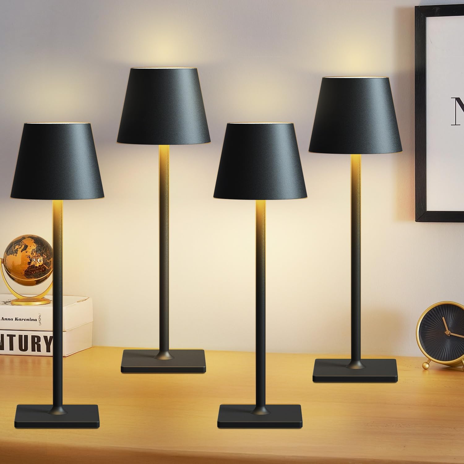 4 Pack Cordless Table Lamps, Portable Rechargeable Lamp, 6000mAh Battery Operated, 3 Color Dimmable LED Table Light for Restaurant/Bedroom/Outdoor Party/Camping/Cafe Night Light(Black)