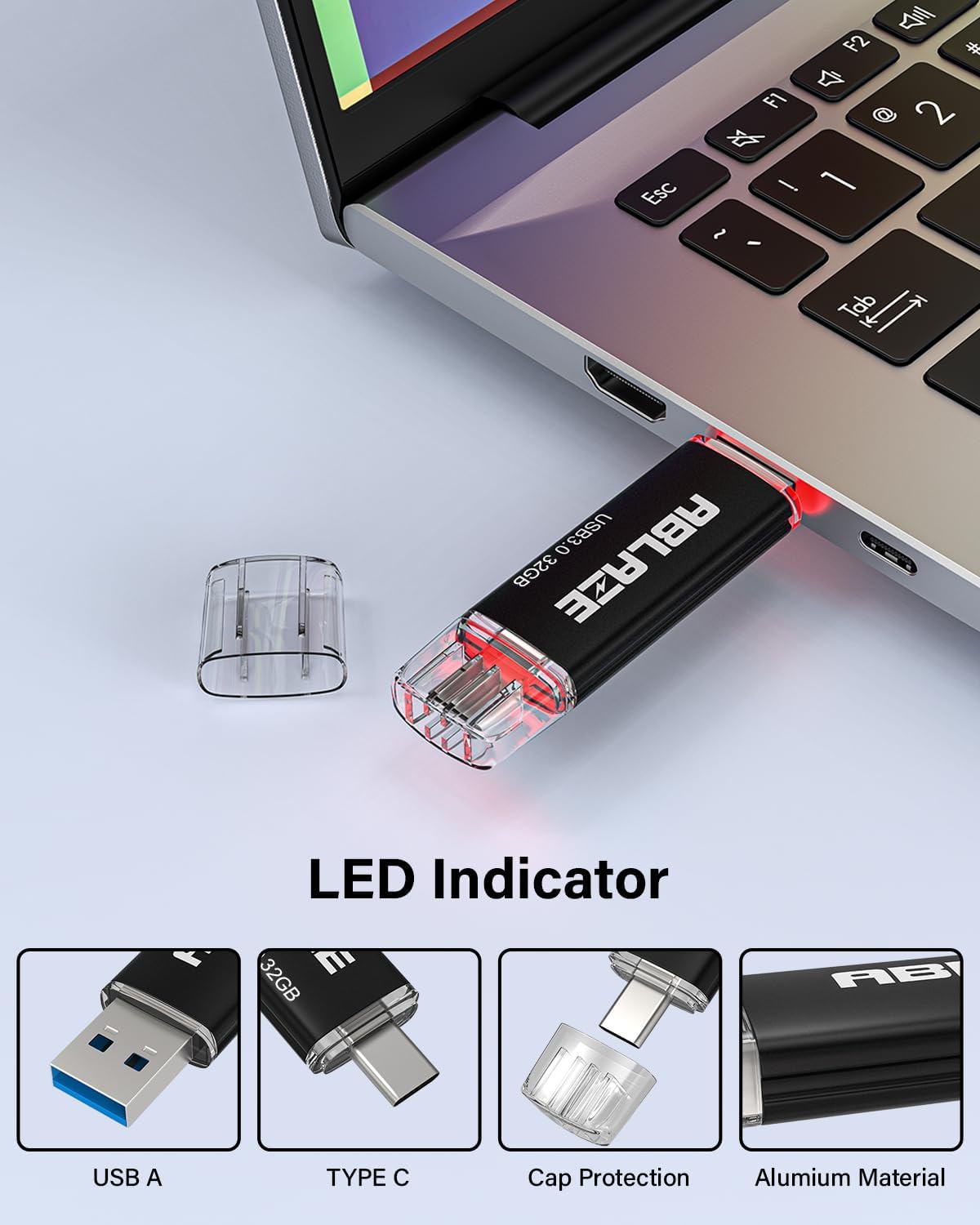 ABLAZE Type C Flash Drive 32GB, Dual USB 3.0+ USB C Flash Drive Compatible with iPhone 16/15,Android Smartphone,Computer,Tablet Mac Laptop