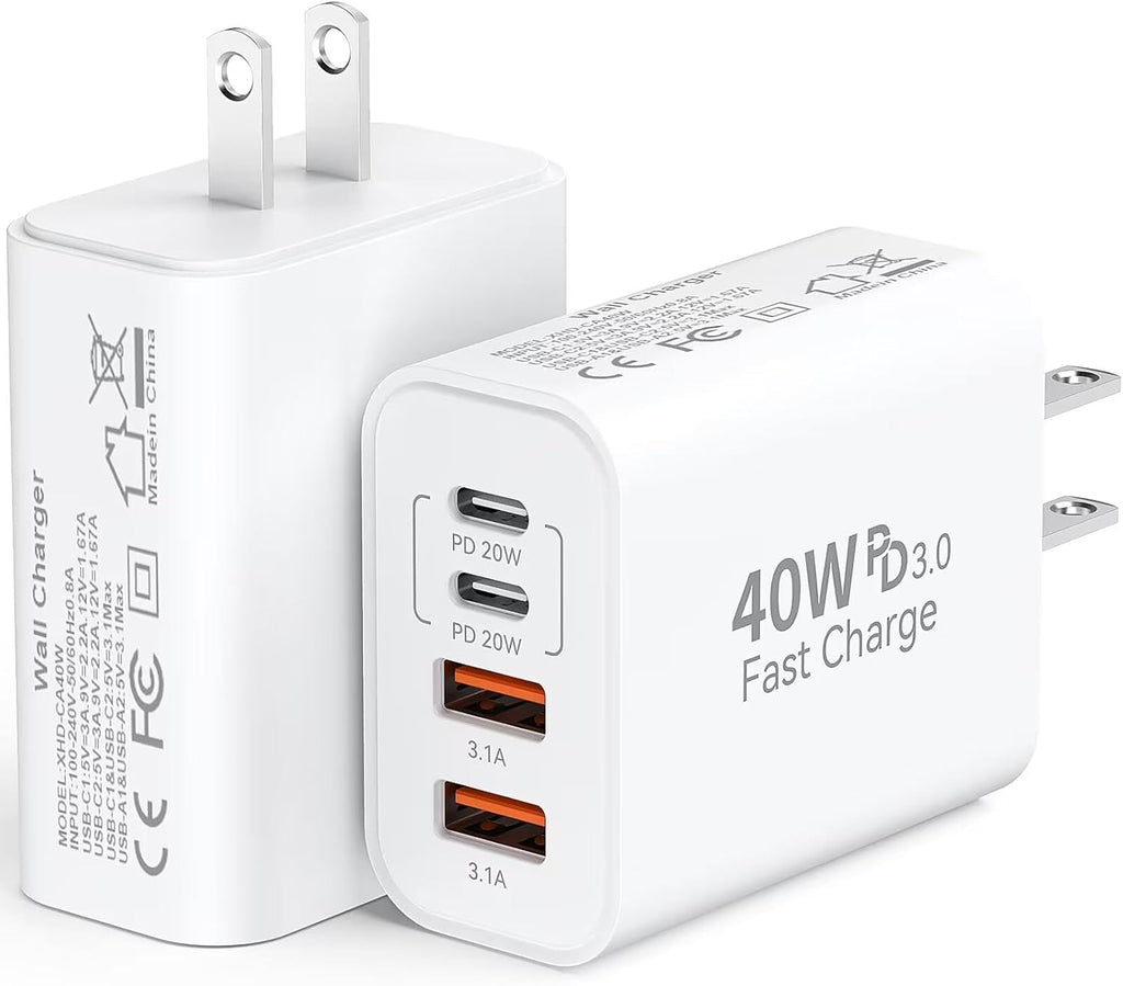 40W USB C Charger Block for iPhone 17/17 Pro/17 Pro Max/Air/16/16 Pro/16 Pro Max/16 Plus/15/15 Pro Max/14 13 12 11 Pro Max XS XR X, 4-Port PD+QC Multiport Power Adapter Type C Fast Charging Brick Cube