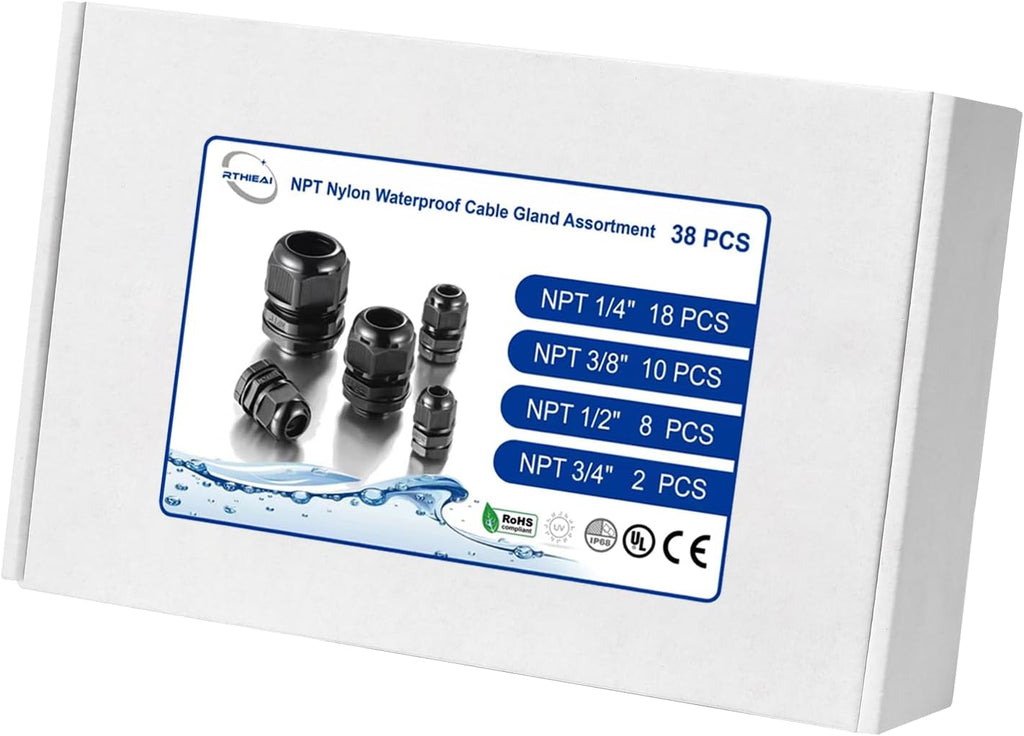 IP68 Waterproof NPT Cable Glands Assortment - 38pcs Cord Grip for Cables 1/4'', 3/8", 1/2", 3/4" - UL Listed and RoHS Compliant - Nylon Strain Relief